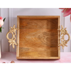 Bandeja de servicio de café hecha a mano, mango de Metal plateado, bandeja de madera de mango Floral de la mejor calidad, accesorios de mesa para Catering - Product Image 3