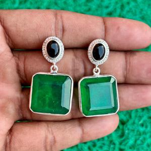 Handmade Green Emerald Look Drop <b>Earrings</b> with <b>Black</b> <b>Onyx</b> Stud Silver Plated Square Gemstone Jewelry for Women - Product Image 6