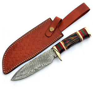 Cuchillo de caza de acero de Damasco hecho a mano, mango decorativo grabado, hoja fija, cuchillos para acampar y exteriores, proveedor mayorista - Product Image 1