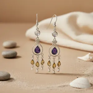 Boucles d'oreilles pendantes vintage en argent 925 pour femmes, plaquées or 18 carats, avec citrine et perle, bijoux avec diamant pour cadeaux - Product Image 3