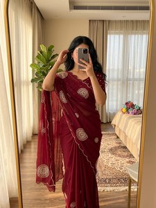 Reglance Traditional Handcrafted Cutdana Khatli Rangoli Crushed Material Mirror <b>Saree</b> Heavy Moti Border Pallu Butta Work Blouse - Product Image 6