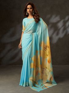 Traditional Digital Printed Ethnic Georgette Saree Crochet Work <b>Blouse</b> Eco-Friendly Women's Party Wear Quick Dry All Seasons - Product Image 5