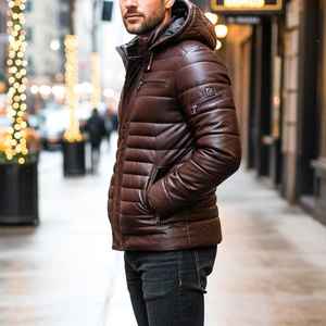 Chaqueta de Cuero Acolchada Hecha a Mano de Alta Calidad para Hombre, Chaqueta de Lona Marrón con Cuello Alto y Logotipo Frontal, Estilo Casual - Product Image 3