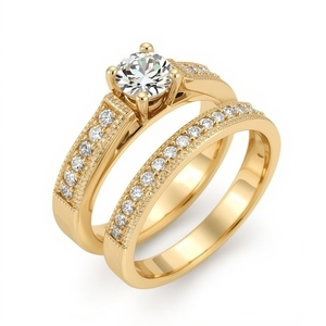 Ensemble de bague de fiançailles en or véritable 10 carats plaqué rhodium avec diamant solitaire et bande pavée à grains fins, bijoux fins pour mariage et fête - Product Image 5