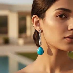 Pendientes de Plata 925 Chapados en Oro de 18K con Turquesa para Mujer, Joyería Colgante con Diamantes y Perlas para Bodas - Product Image 3