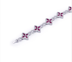 Bracelet en diamant : Bracelet de luxe en argent sterling 925 avec fleur en rubis et diamant - Product Image 2
