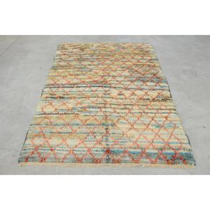 พรมตุรกีวินเทจขนาด 4.8x6.7 ฟุต พรมปูพื้น ลายต้นไม้และพืชสีน้ำเงินส้ม ทำจากขนสัตว์ - Product Image 1