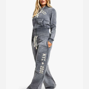 Conjunto Deportivo para Mujer al por Mayor, Estilo Lavado Ácido, Ropa Urbana Vintage, Sudadera con Capucha y Pantalones Deportivos Bordados Desgastados - Product Image 6