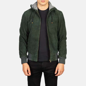 Nintenzo Green Hooded <b>Suede</b> Bomber <b>Jacket</b> Vintage Style Embroidered Zippered XS to 6XL Sizes for Autumn and Spring Seasons - Product Image 1