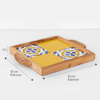 Plateau ottoman carré en céramique moderne avec finition bois d'olivier 8,66"x8,66" ArtisRaw, logo personnalisé, fabriqué au TN pour une décoration élégante de table basse