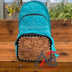 Gran oferta, bolso de pecho de cuero de gamuza turquesa con puntada de bota y mano occidental con mochila, bolsos cruzados florales para mujer - Product Image 1