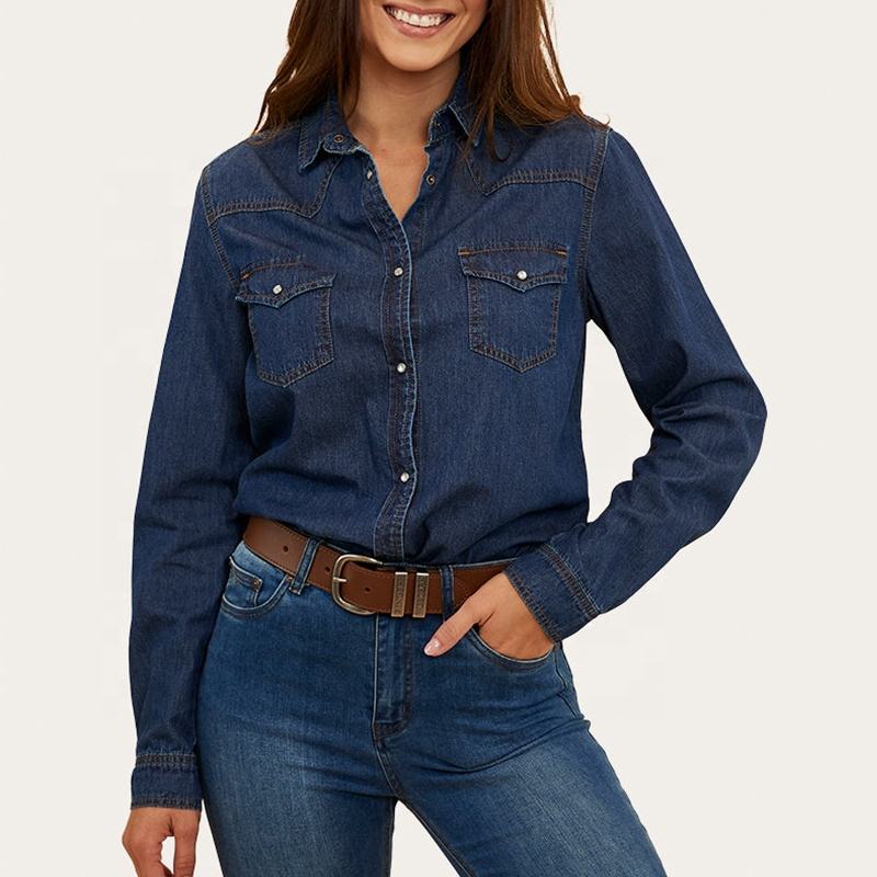 Women Work Shirt Long Sleeve 100% Cotton Denim Slim Fit Western
