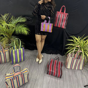 Handmade Women's <b>Tote</b> <b>Bag</b> Multicolor Stripes <b>Zipper</b> Open Recycled <b>Nylon</b> England Style Vintage Traditional Handloom Manufacturing - Product Image 4
