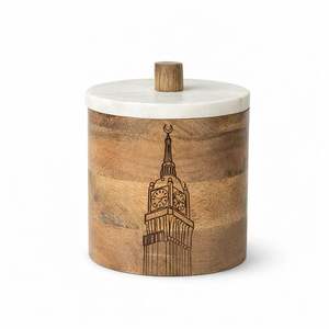 Pot de rangement en bois avec vue sur la ville de Dubaï et calligraphie arabe, couvercle en marbre, boîte décorative en bois d'acacia et de mangue - Product Image 3