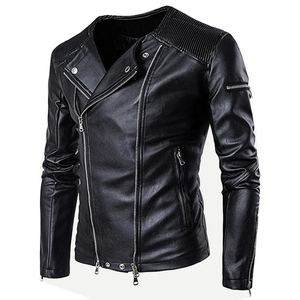 Veste en cuir véritable noire à manches longues pour hommes, veste de moto à épissage véritable pour hommes, vente en gros - Product Image 3