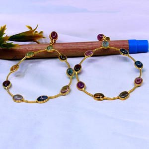 Vintage Style Trendy Women's Wedding Wear 925 Sterling Silver Multi Tourmaline Gemstone <b>Dangle</b> <b>Earrings</b> Classic Gold Plated - Product Image 4