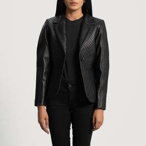 Cora <b>Quilted</b> Black Leather Blazer Business Suits Style <b>Single</b> Button Closure Knitted Woolen Fabric Solid Pattern Long Button - Product Image 2