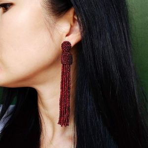 Boucles d'oreilles longues à pampilles et perles bordeaux, grandes boucles d'oreilles à perles et grenat, style bohème, pendantes, couleur marsala - Product Image 5