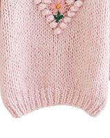 Sweater Rajut Tangan Motif Bunga Pink Lucu untuk Wanita, Hangat, Lembut, Pullover Musim Dingin, Tekstur Bunga, Rajutan Nyaman