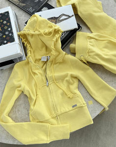 Conjunto de chándal de 2 piezas personalizado para mujer, Sudadera con capucha recortada y cremallera desgastada, fabricante de pantalones acampanados apilados en blanco 100% algodón - Product Image 4