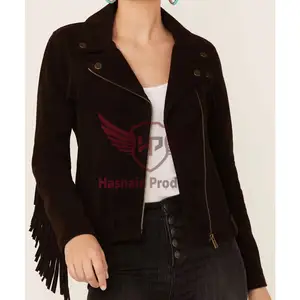 高档批发时尚女式赛车摩托车正品西方皮夹克外套-时尚黑棕色皮夹克