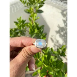 925 Silver Natural Moonstone <b>Ring</b> Handmade <b>Dainty</b> Gemstone Jewelry with Lovers Pattern Rhodium Plated Set for Everyday Wear - Product Image 1