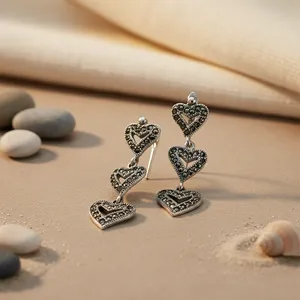 "925 <b>Sterling</b> <b>Silver</b> <b>Heart</b>-shaped Marcasite Drop <b>Earrings</b> for Women's Fashion Gift" - Product Image 3