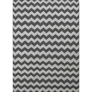 Alfombra Rectangular de Lana y Yute Tejida Plana Gris y Negra con Rayas Abstractas y Chevron para Uso en el Hogar de Adolescentes - Modelo Dwrm-170 - Product Image 1