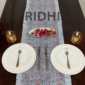Chemin de table luxueux en coton 100% bleu airforce à motifs floraux indiens, personnalisable, à volants, imprimé à la main, pour salle à manger, hôtel, événements de mariage - Product Image 3