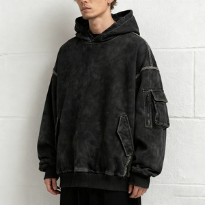 เสื้อฮู้ดดี้โอเวอร์ไซส์สไตล์วินเทจผ้าฝ้ายเฟรนช์เทอร์รี่เนื้อหนา 100% สำหรับทุกเพศ ล้างสีแบบแอซิดวอช แต่งดีเทลขาดๆ แบบดิสเทรส เหมาะสำหรับฤดูใบไม้ร่วง - Product Image 1