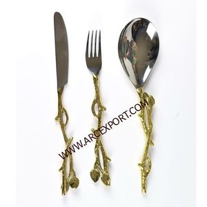 Couverts en métal poli miroir argenté brillant avec poignées de designer dorées Cuillères de table à manger à usage domestique - Product Image 3