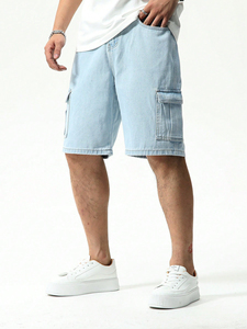 Short en jean taille haute uni à la mode pour homme bleu clair avec grandes poches style décontracté délavé foncé 100% coton - Product Image 4