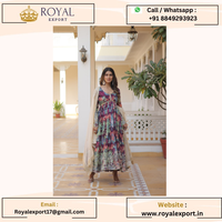 Georgette traditionnelle imprimée à fleurs avec séquence Anarkali Kurti avec pantalon et soie russe Collection Dupatta