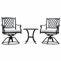 Ensemble de patio extérieur en aluminium coulé noir durable et écologique, chaises pivotantes, table à thé, coussins résistants aux intempéries, utilisation hôtelière