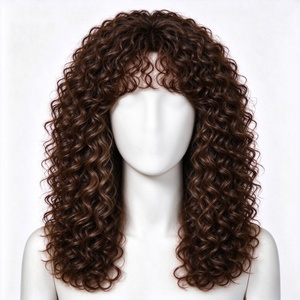 Peluca de Cabello Humano Largo y Rizado Marrón Oscuro con Flequillo Despeinado - Product Image 2