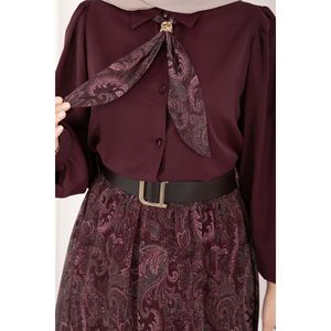 Conjunto Formal Otoñal para Mujer, Camisa de Manga Larga con Estampado Borgoña y Falda de Gasa con Cinturón - Product Image 5