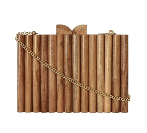 Sac à main tendance en bois pour femme, sac à main rectangulaire en cuir brun et blanc avec chaîne dorée plaquée or, sac à main de soirée - Product Image 2