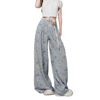 Jeans baggy pour femmes à taille haute, imprimé floral, jambe large, denim respirant, séchage rapide, tendance