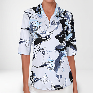 Polo imprimé à manches trois quarts pour femme, séchage rapide, style décontracté, motif blanc, bleu, noir, en polyester tissé - Product Image 5
