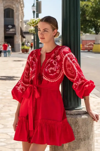 Nouvel arrivage de Mini robe longue imprimée Paisley au look hippie chic pour femme, encolure en V avec pompon, décoration à volants en coton indien - Product Image 4