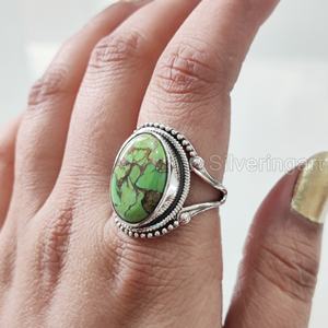 Bague Femme Naturel Vert Cuivre Turquoise Gemme Décembre Pierre De Naissance Bohème Bande Bijoux Faits À La Main Bague En Argent Sterling 925 - Product Image 4