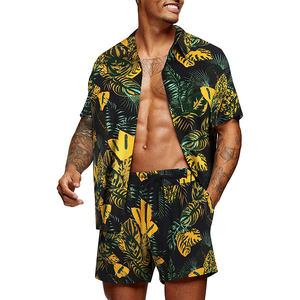 Mens Autumn Plus Size High Street Breathable Two Piece Set <b>Tropical</b> Leaf Print Short Sleeve <b>Shirt</b> and Shorts Casual Beachwear - Product Image 2