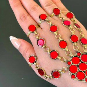 Exquisite Ruby <b>Red</b> Crystal Afghan Kuchi Panja Hand Harness With Ornate Gold <b>Toned</b> Filigree And Hanging Silver Bells - Product Image 5