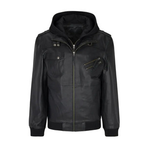 High Street hommes Bomber veste 100% en cuir de mouton véritable coupe ajustée fermeture éclair respirant couette doublure amovible avec capuche - Product Image 1