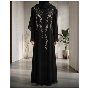 Abaya noire élégante à imprimé floral brodé, silhouette droite, longueur au sol, en viscose, robe de soirée/formelle - Product Image 1