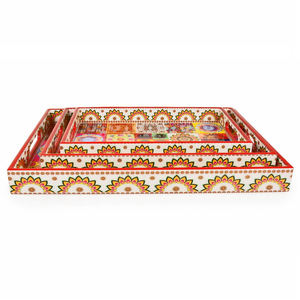 Bandeja de almacenamiento decorativa rectangular de diseño Floral esmaltado moderno Bandeja de servicio de madera con asas de corte - Product Image 3