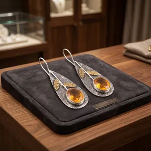 Niharika Gems Vintage 925 Silver Drop <b>Earrings</b> With Handmade <b>CITRINE</b> Stone And Leaf Design For Women Everyday Wear - Product Image 6