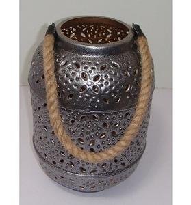 Farol Metálico Bohemio Plateado Antiguo - Portavelas Perforado Vintage con Asa de Cuerda Natural y Patrón Floral, Lámpara Decorativa - Product Image 3