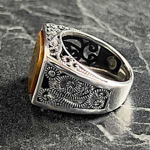 Anillo de Plata de Ley 925 Vintage para Hombre, Estilo Floral, Joyería Turca Hecha a Mano, Gema de Ojo de Tigre Marrón, Engaste en Bisel, Corte Cuadrado - Product Image 4