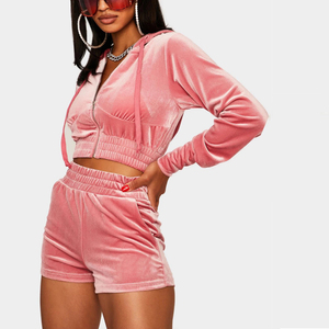 Vente en gros rose velours sweat à capuche zippé ensemble short 2 pièces décontracté coton survêtement femmes boutique Anti-Technics Logo Design OEM - Product Image 4
